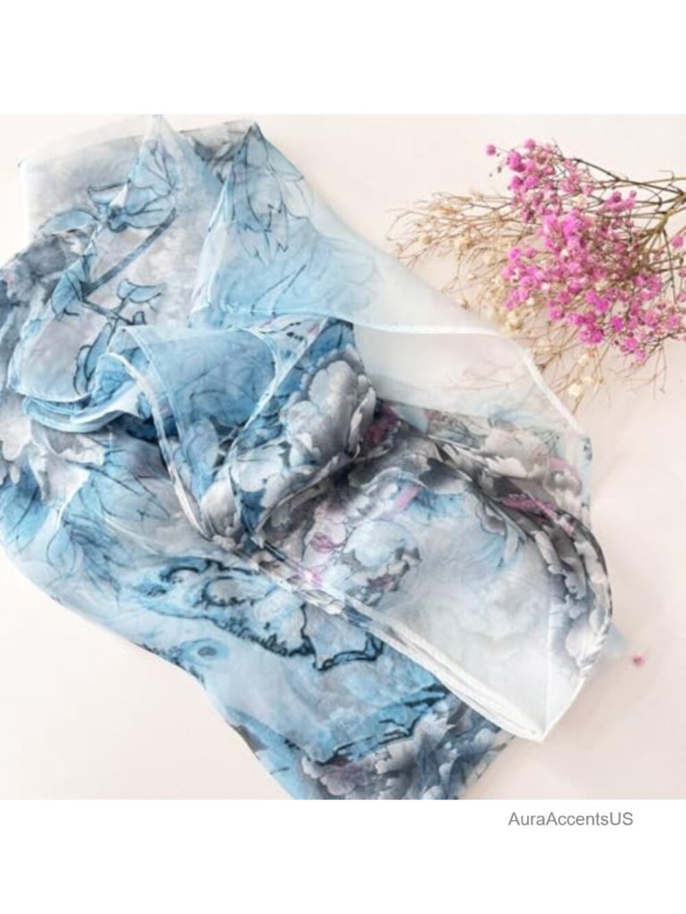 Women's Polyester Silk Feeling Floral Sheer Scarf Lightweight Breathable - Picture 3 of 4